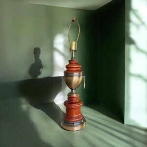 Vintage Mid Century Brass & Wood Table Lamp With Harp & Finial